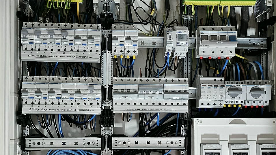 Open verdeelkast met nette bedrading, aangesloten door EL-BG